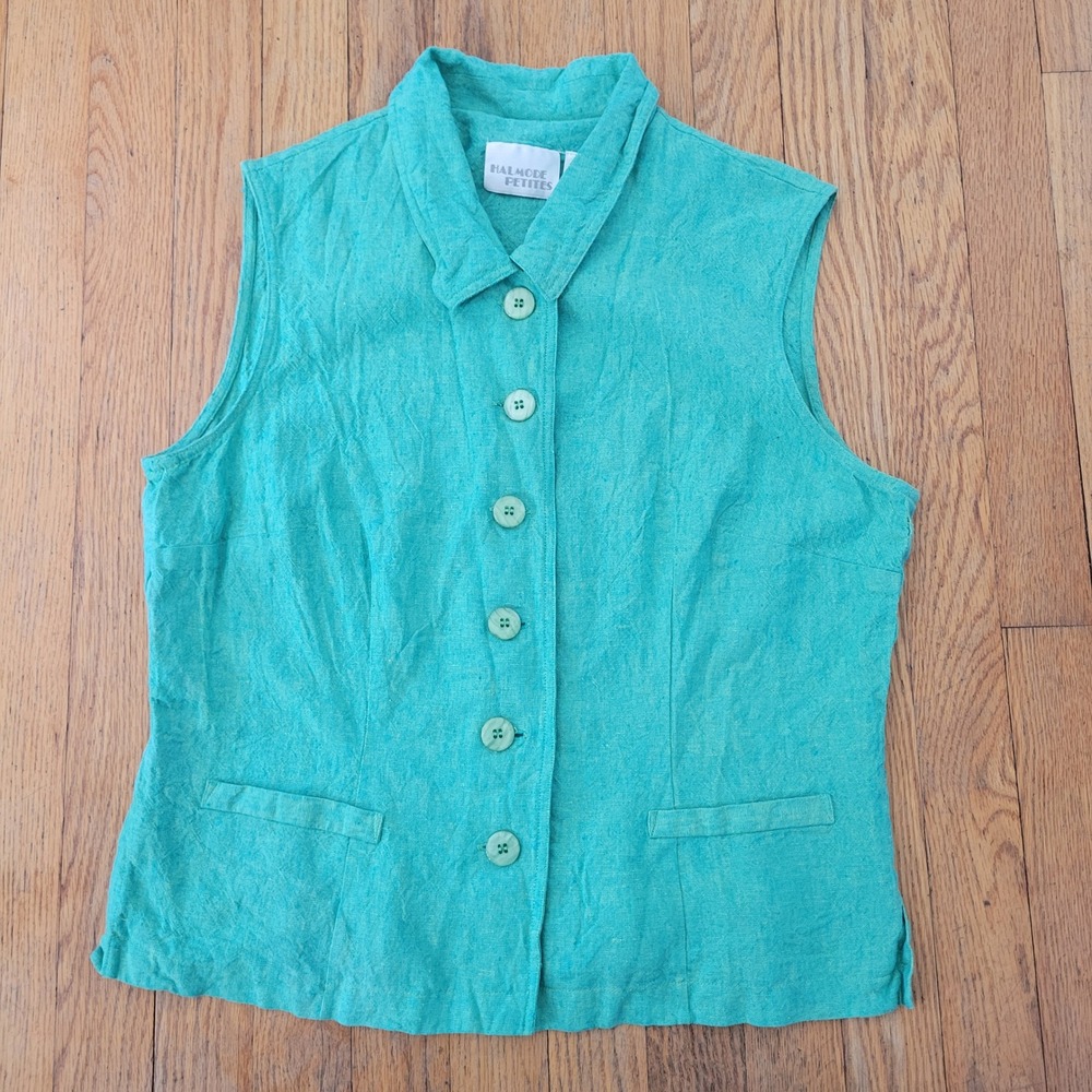 Vintage Halmode 14P Top Teal Green Linen Lagenlook Sleeveless Button Front Vest